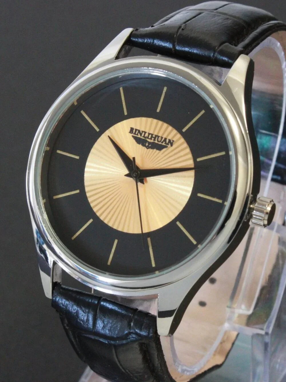 Men's Quartz Dress Watch Black Dial Gold Textured Insert Black Strap 42mm